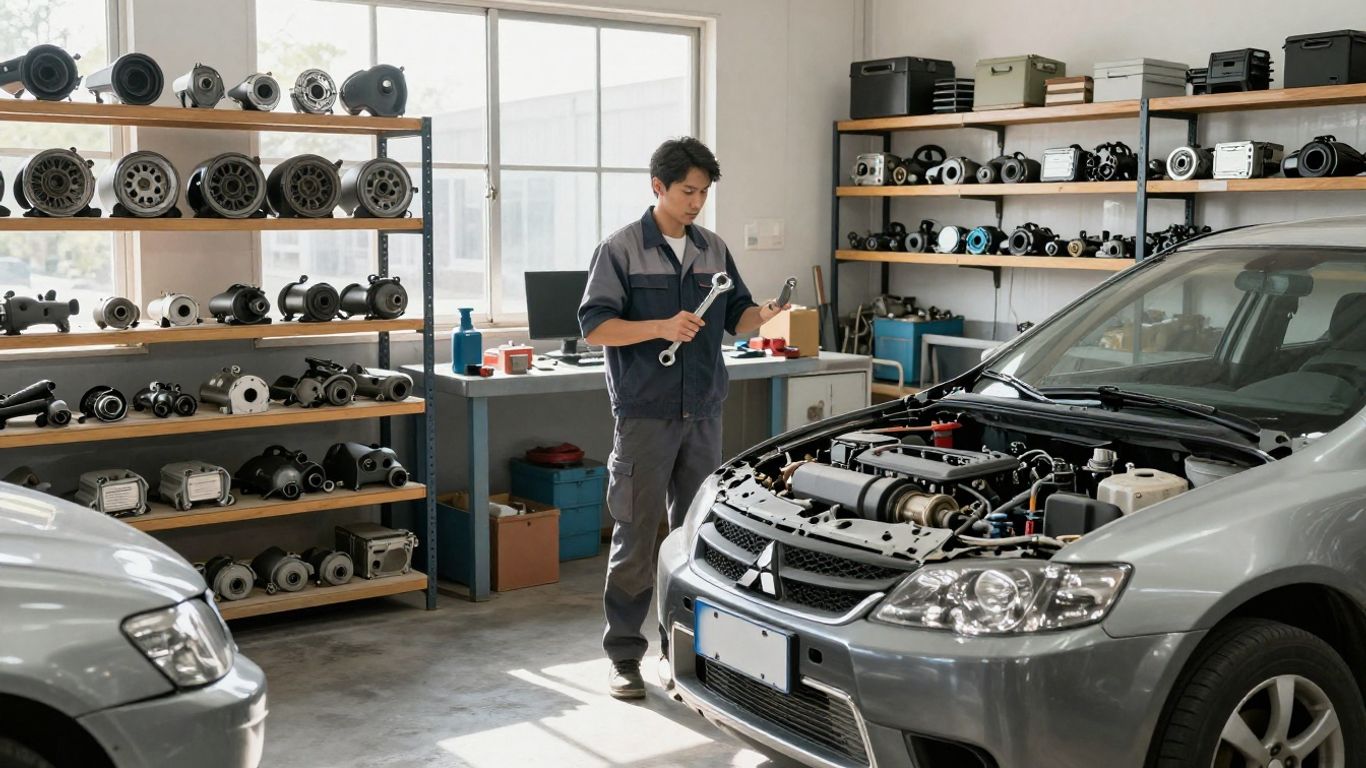 Mitsubishi car parts and mechanic in workshop