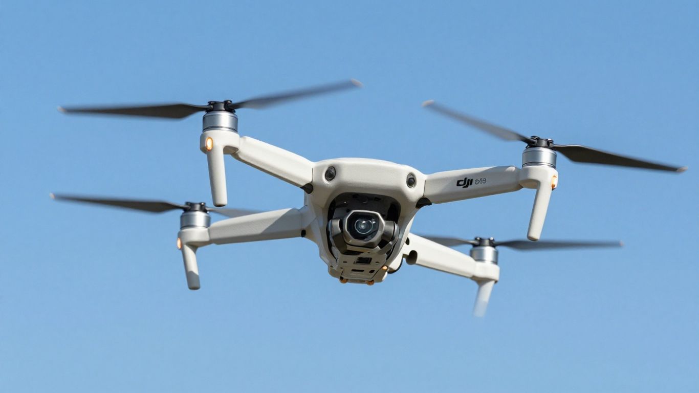 DJI Mavic Mini 1 drone flying in a clear blue sky.