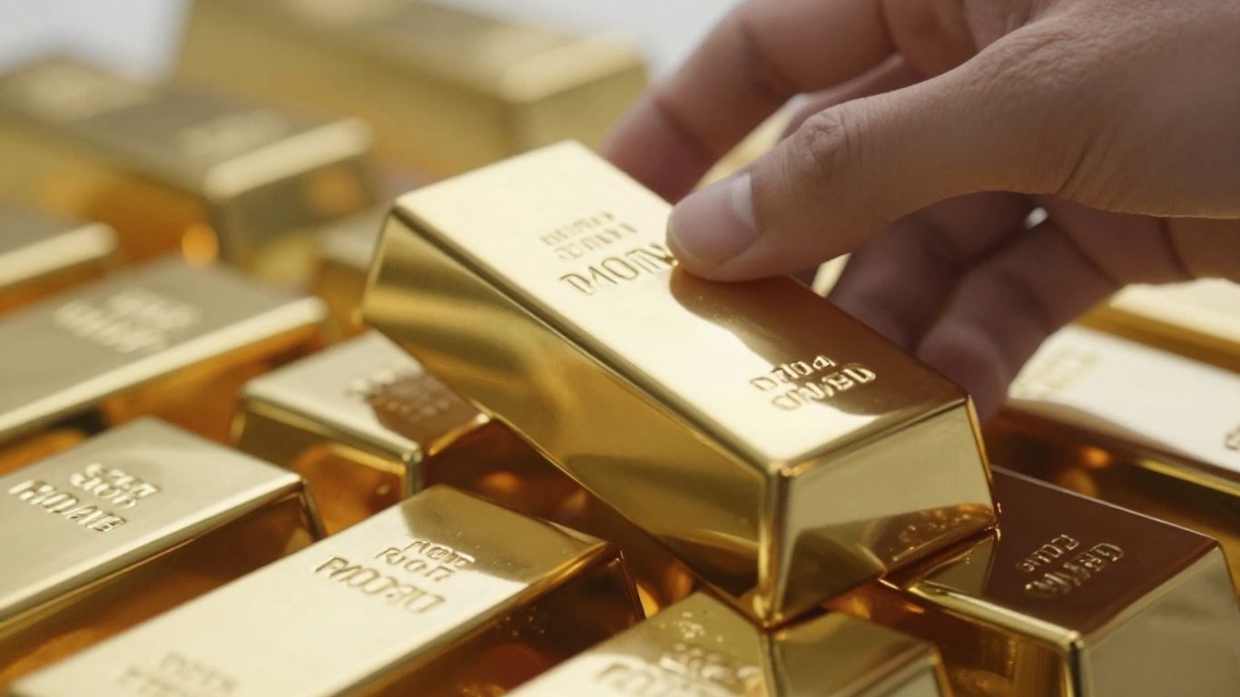 Lingots d'or empilés, une main ajoutant une barre.