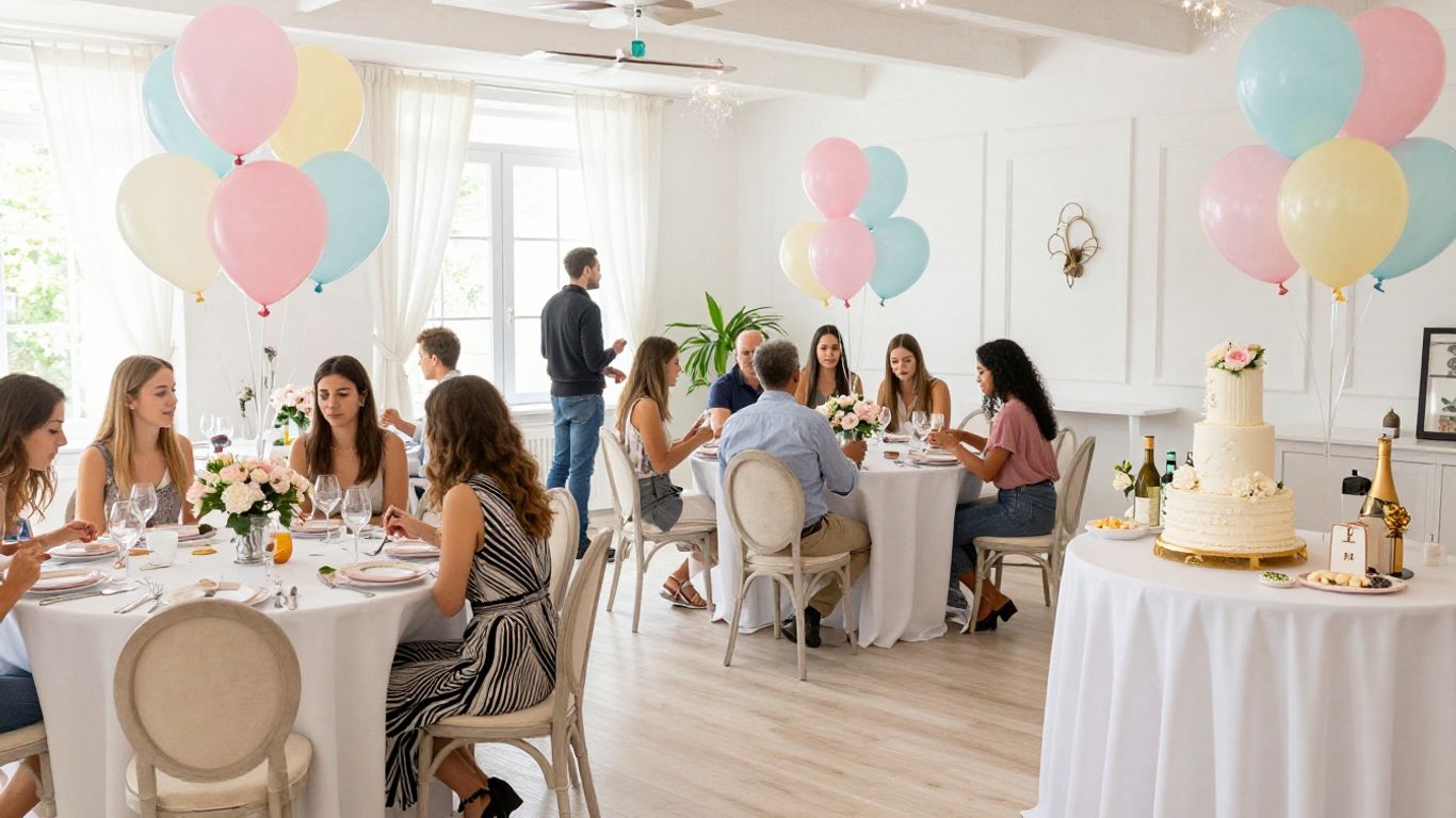 Elegant baby shower venue in Dallas with balloons and flowers.