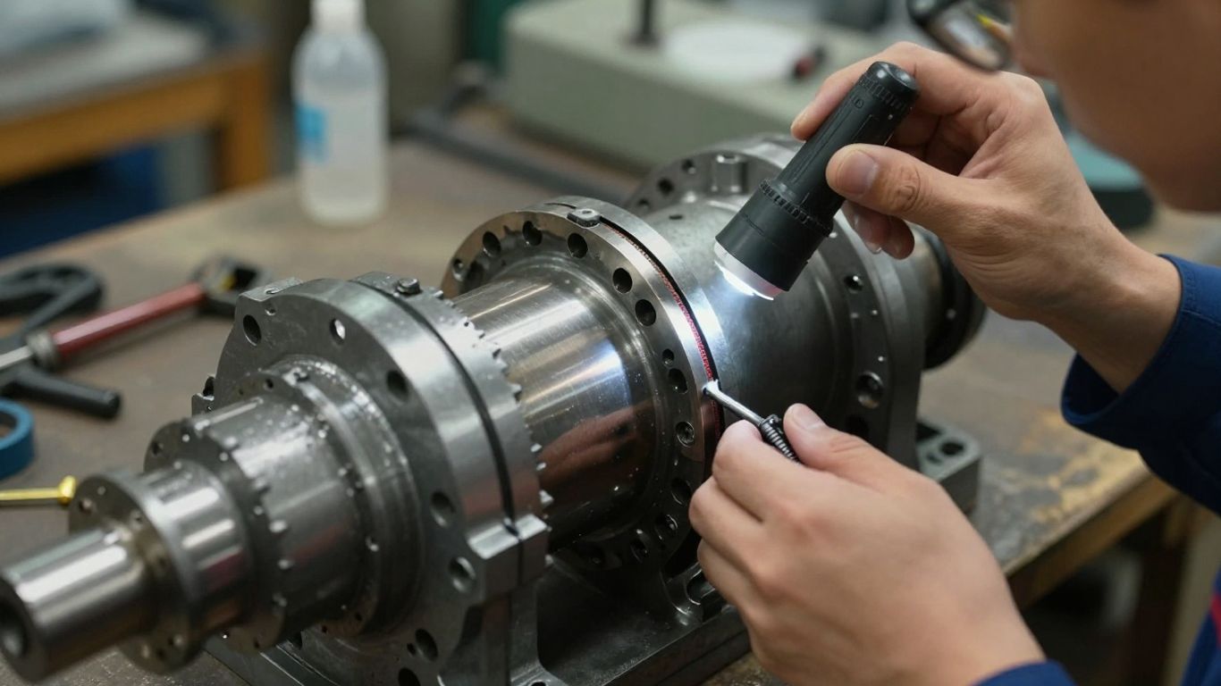 Technician inspecting an industrial gearbox assembly