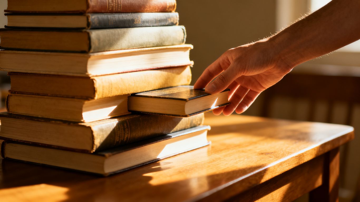 Stack of books with a hand selecting one.