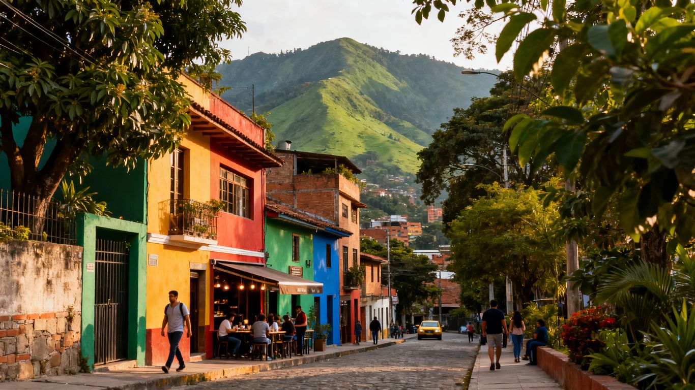 Medellín neighborhood streets and mountain skyline