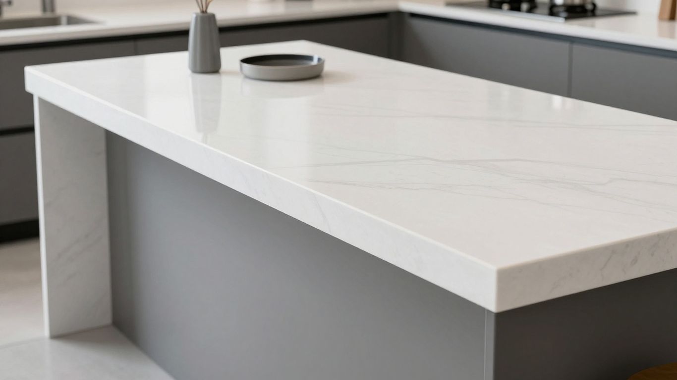 Stylish white quartz kitchen countertop with subtle veining.