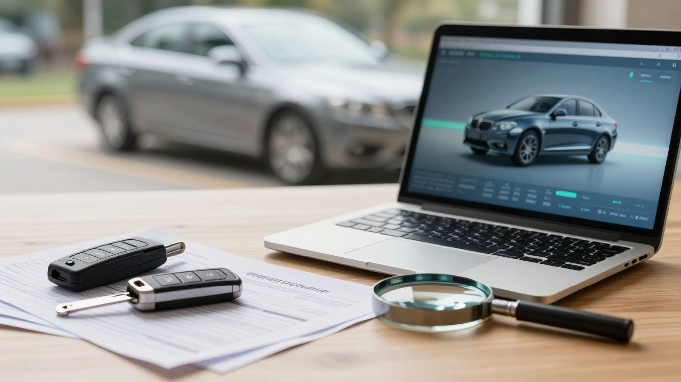Laptop mit Fahrzeugdaten neben Autoschlüsseln
