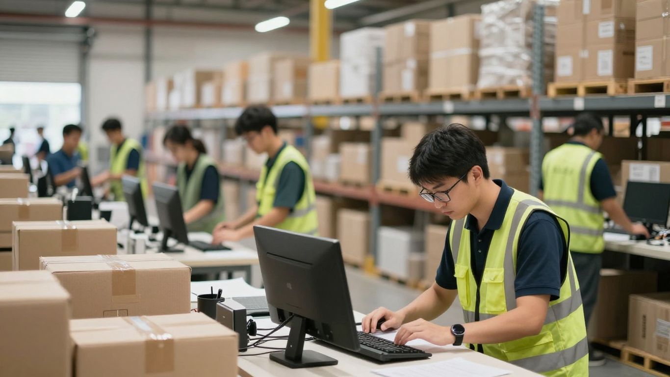 Blurred distribution center operations with focused teams.