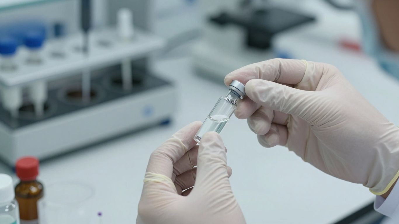 Researcher in lab with vials and equipment.