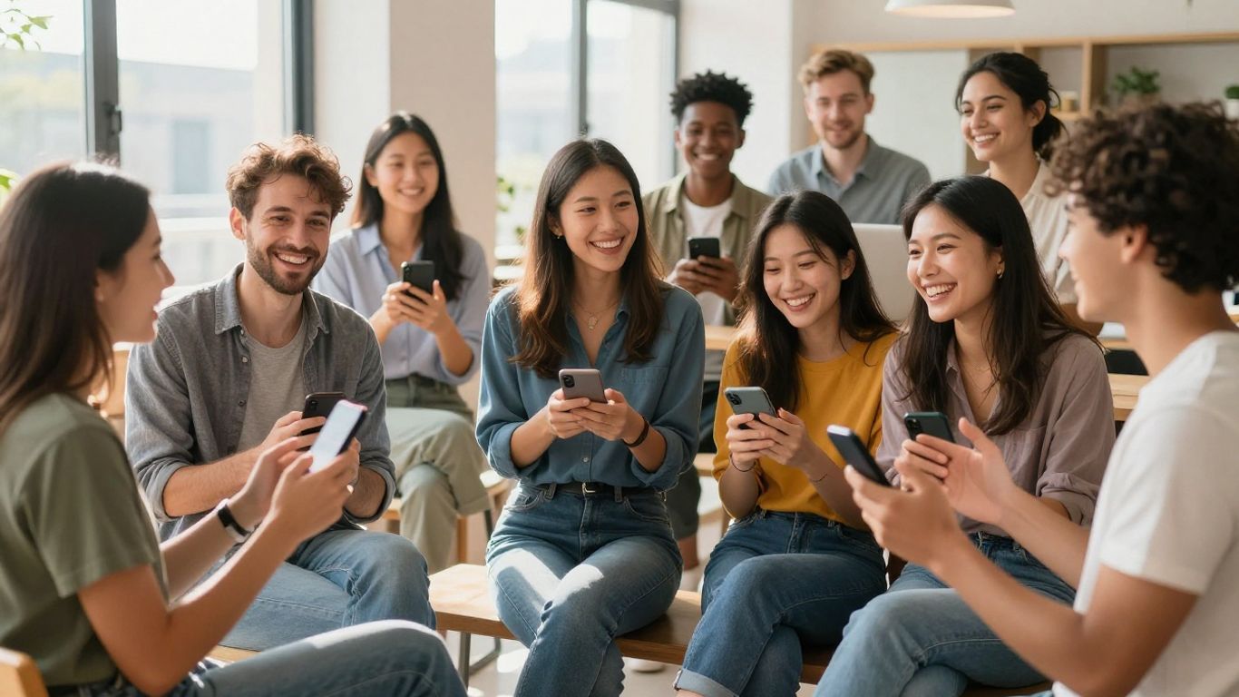 Personas sonriendo y conectando en un entorno moderno.