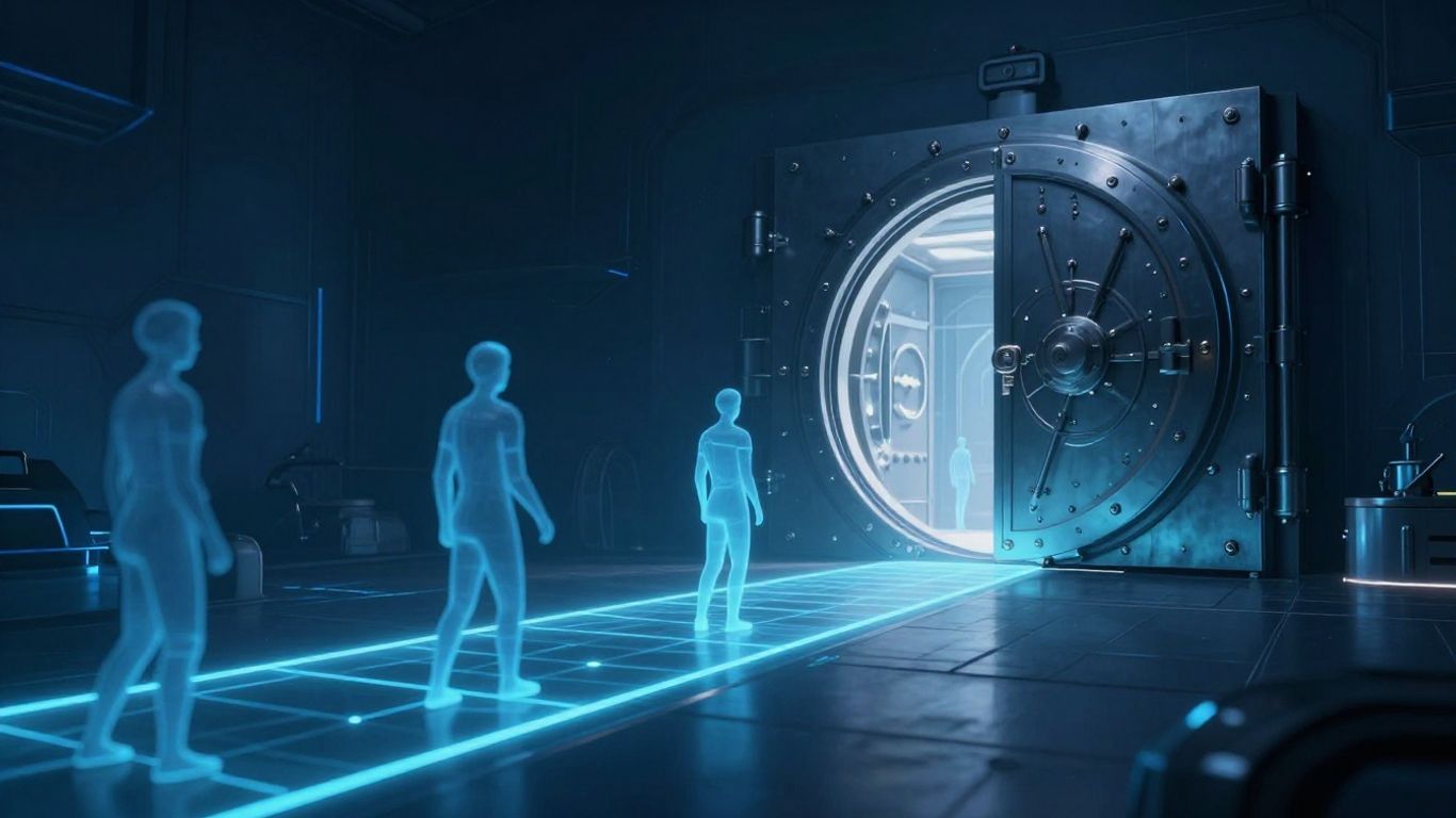 Digital pathways leading to a secure vault, figures interacting.