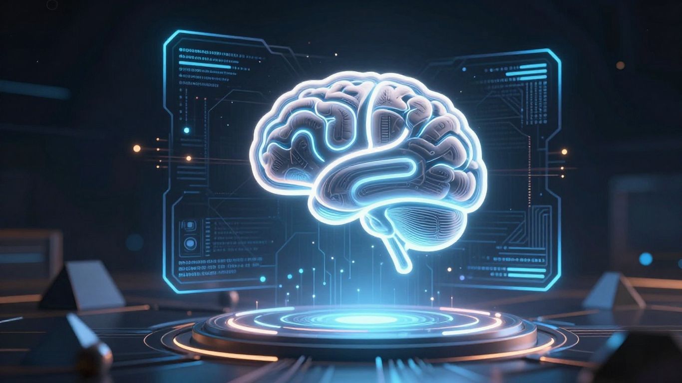 AI interface with glowing circuits and brain icon.