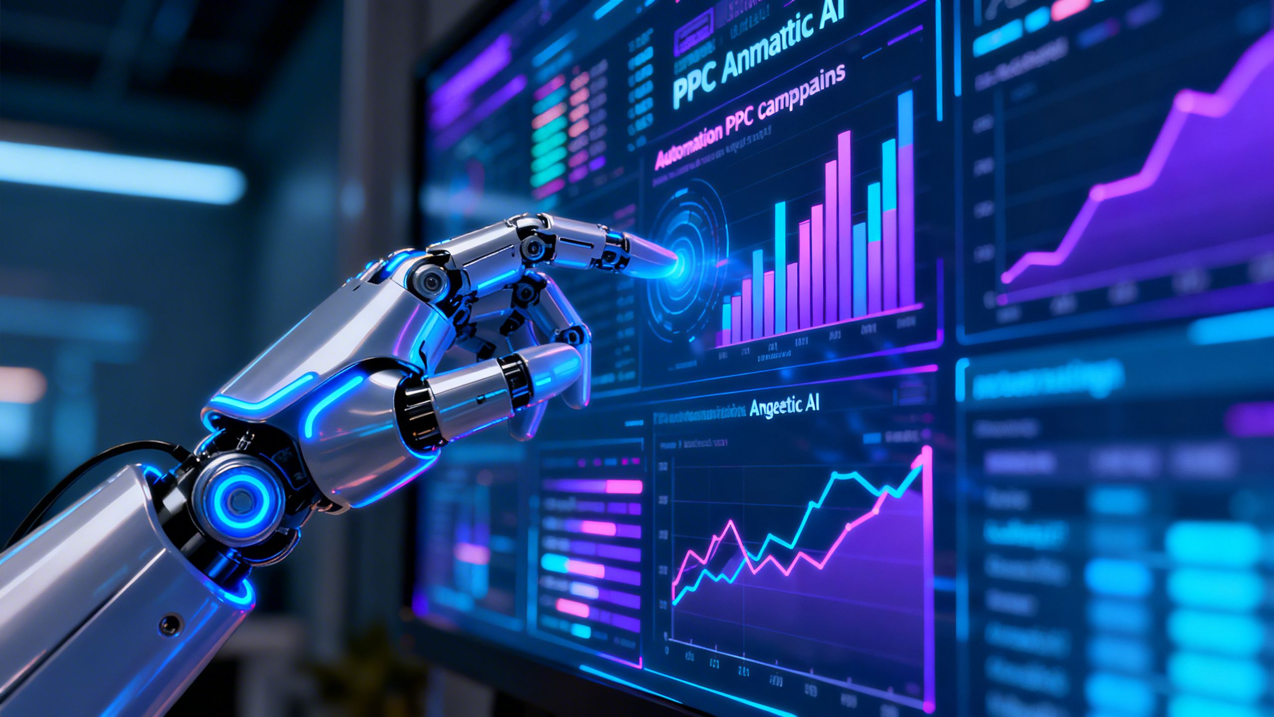 An animated robot arm managing a complex digital interface with charts and graphs, symbolizing the automation of PPC campaigns with Agentic AI.
