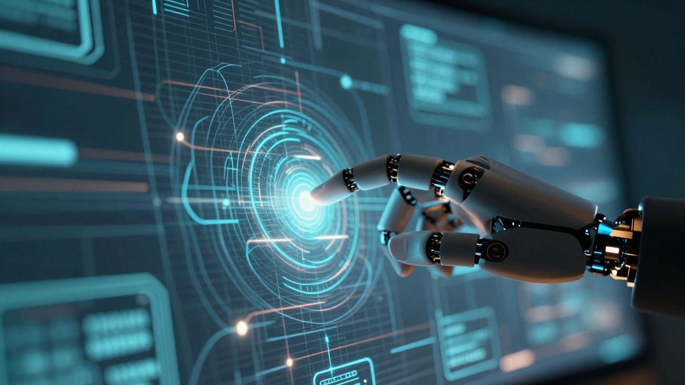 Futuristic digital landscape with robotic hand