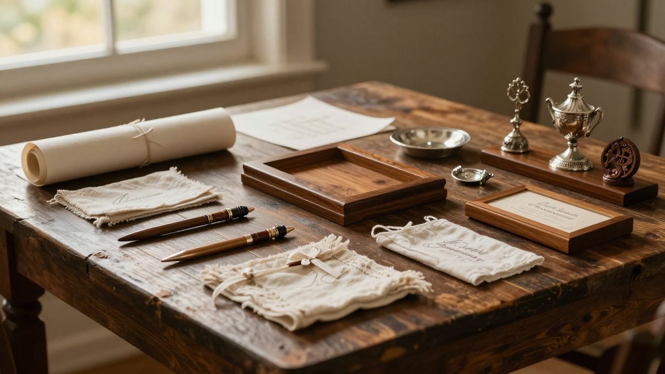 Vintage wedding anniversary gifts on a wooden table
