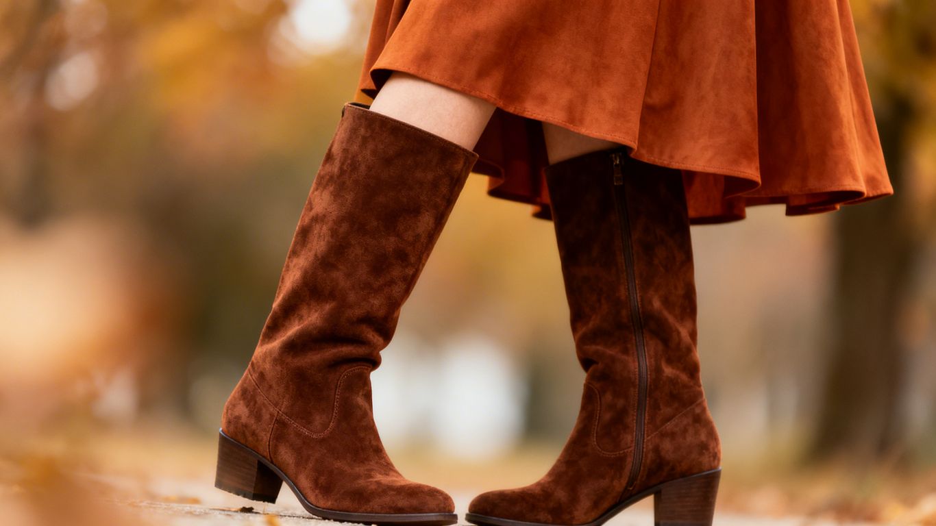 Knee-high suede boots with autumn skirt.