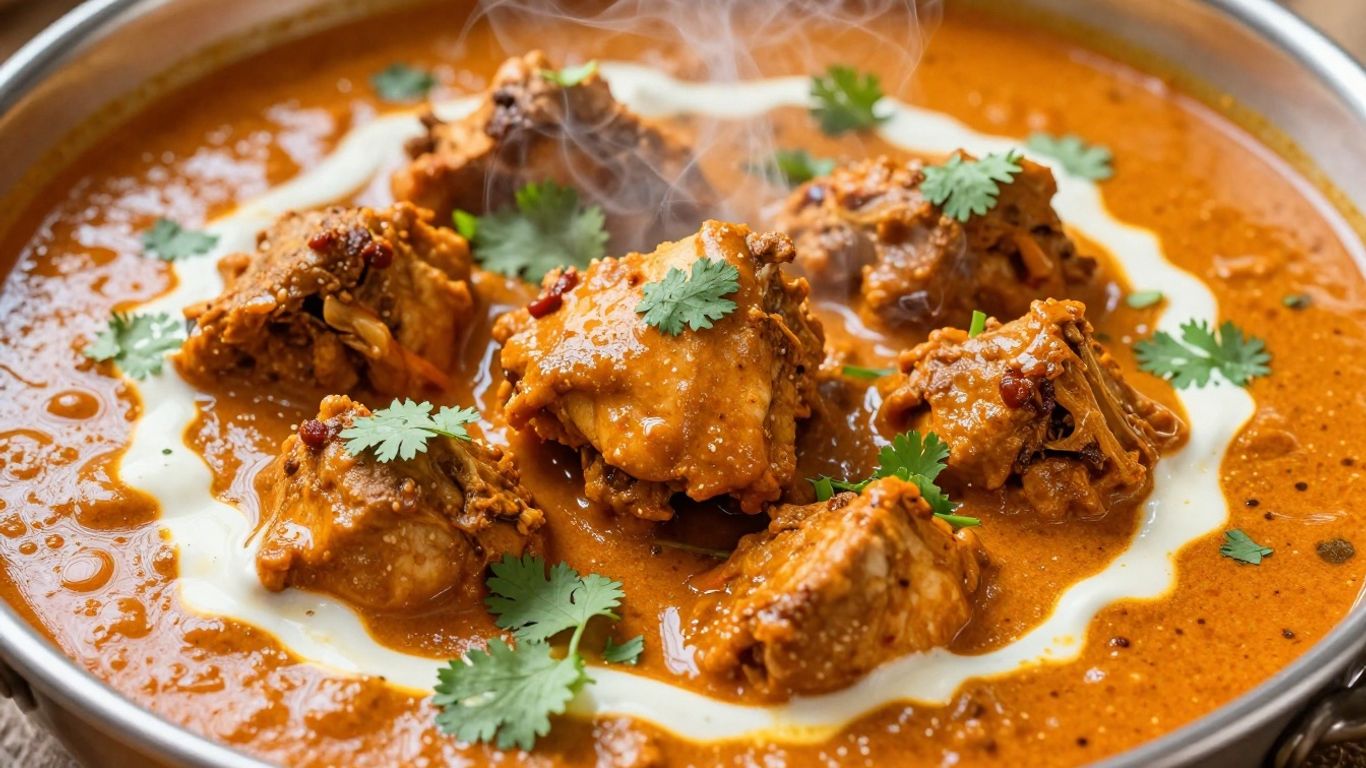 Rich Indian chicken gravy dish with cilantro garnish.