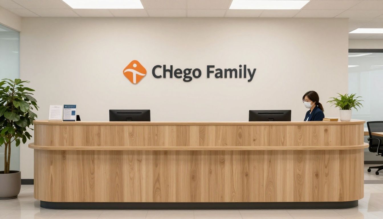 A warm and welcoming, professional medical office reception area with space for Chicago families to relax before an appointment