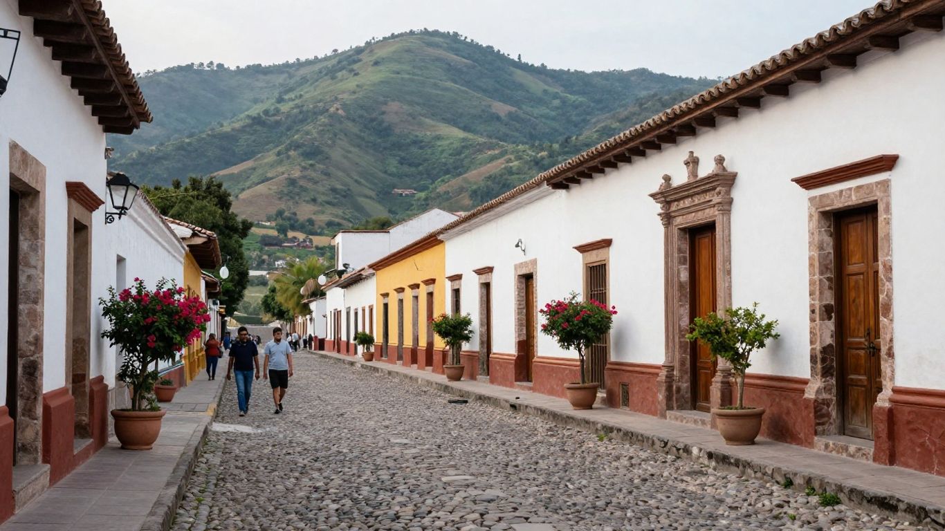 Calle empedrada entre casas de colores
