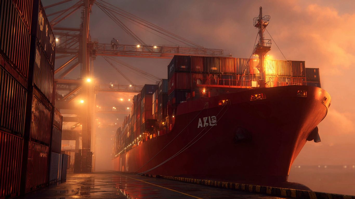 A large cargo ship is docked at a port during sunset.