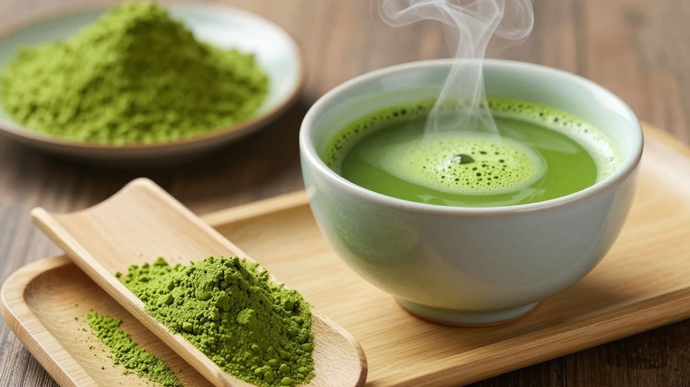 Vibrant green matcha powder and tea