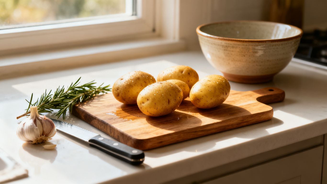 Gewassen aardappelen naast snijplank en kruiden