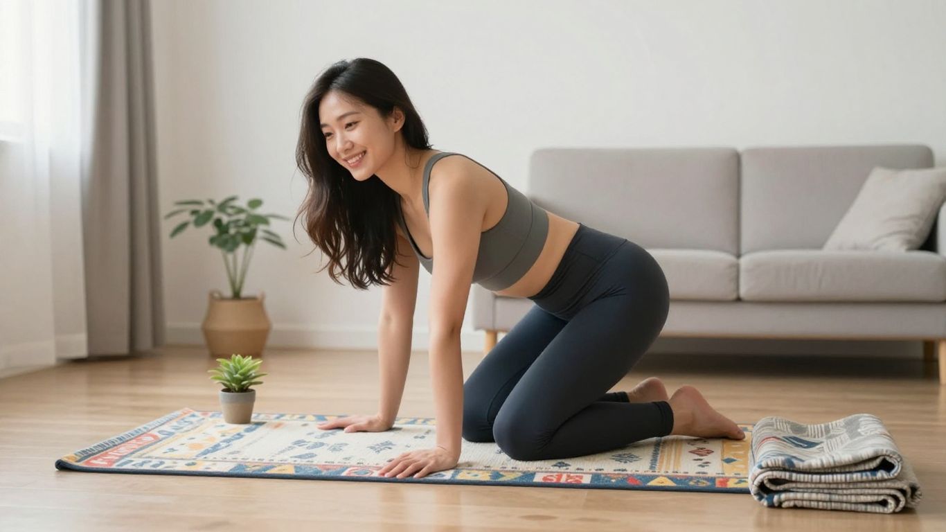Beginner practicing yoga on a bright home mat