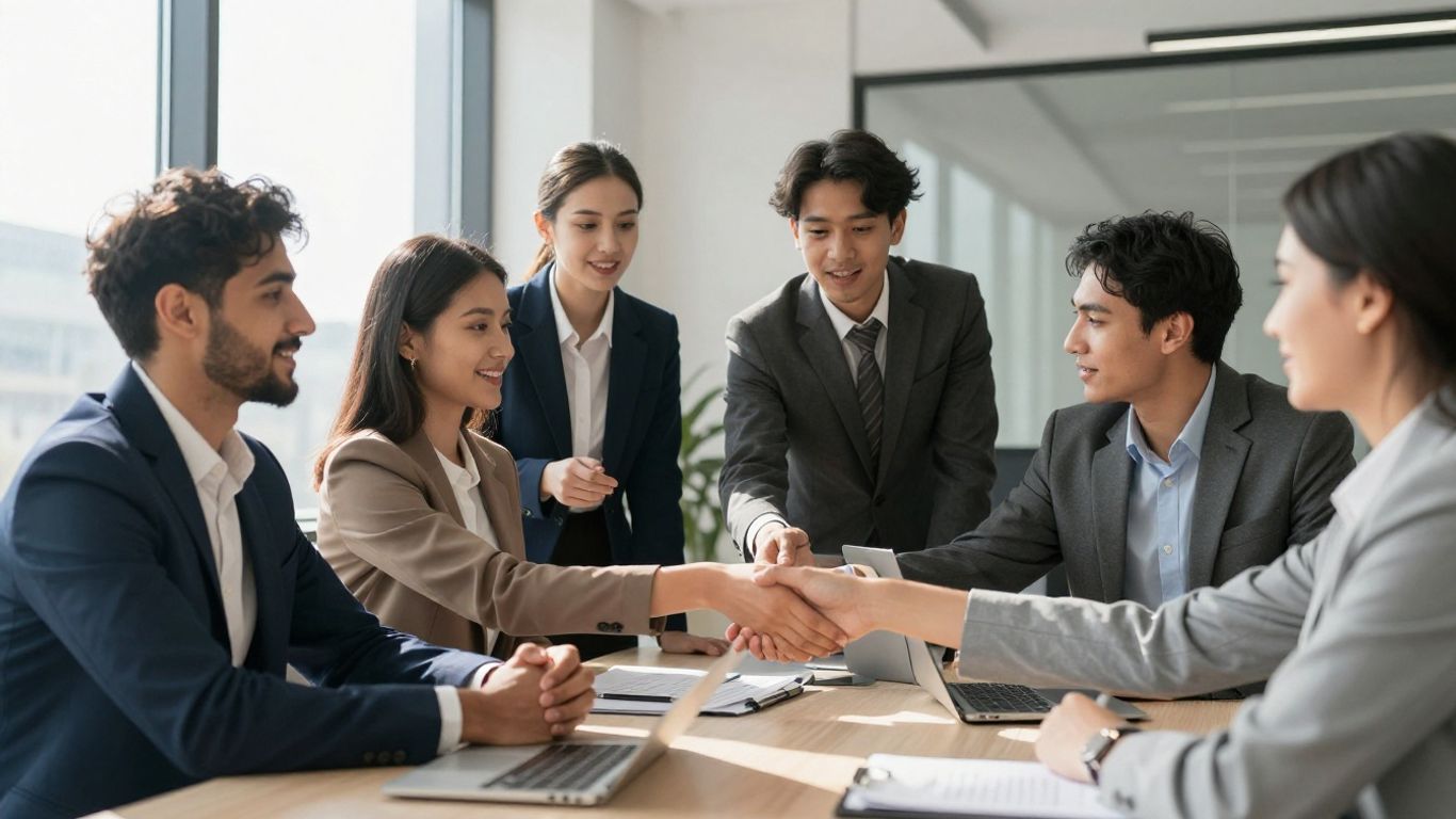 Interns shaking hands in a modern office.
