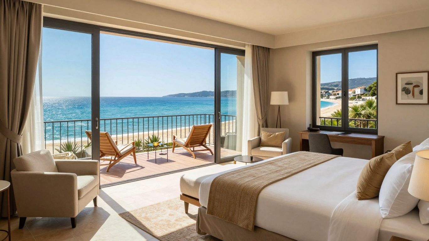 Luxury hotel balcony view of Cap d'Agde beach and sea.