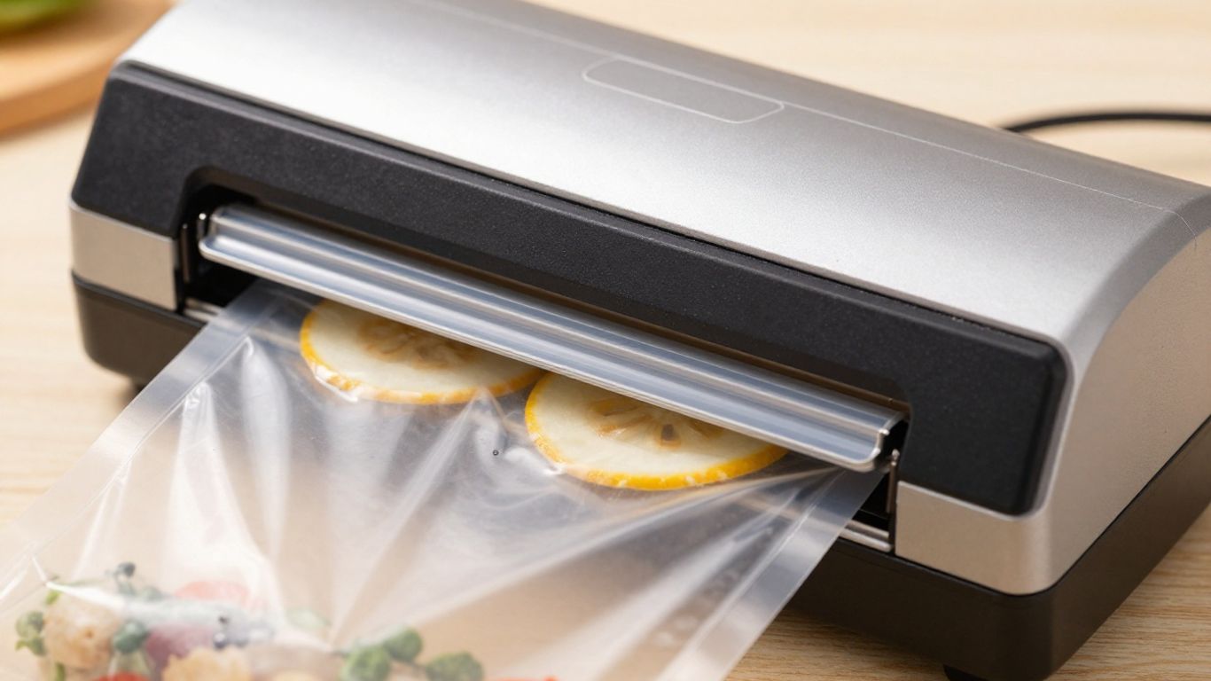 เครื่องซีลสุญญากาศกำลังทำงานกับถุงอาหาร