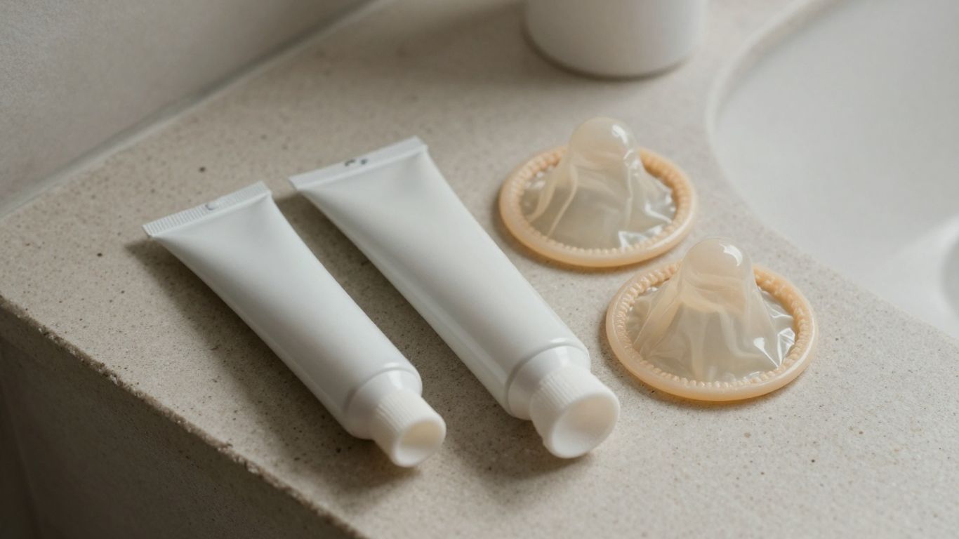 Lubricant tube beside condoms and toy