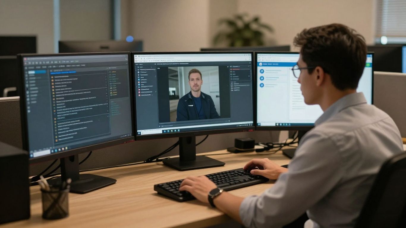 Administrator reviewing user access on a secure office workstation