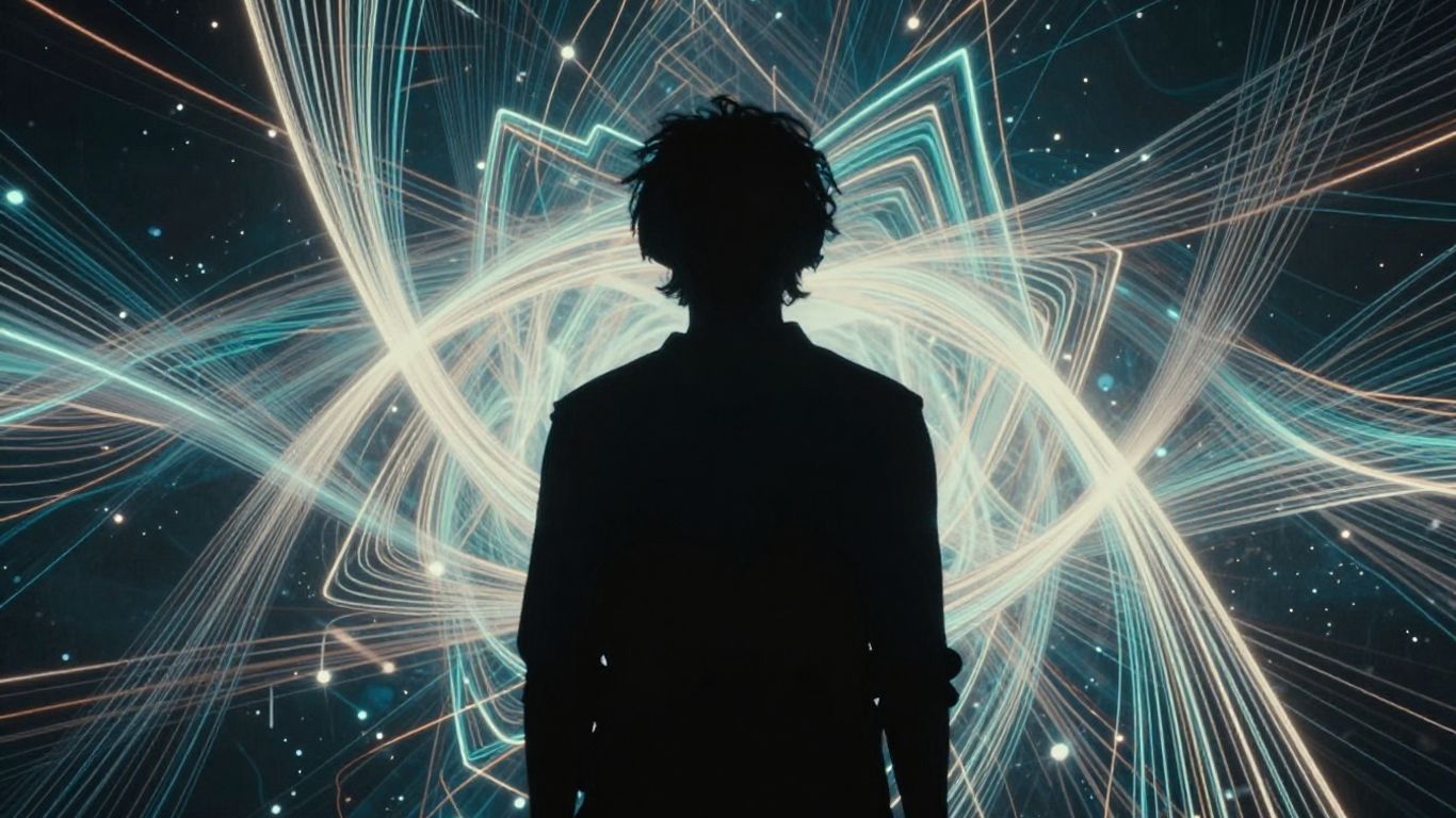 Musician silhouette against abstract AI-generated digital art.