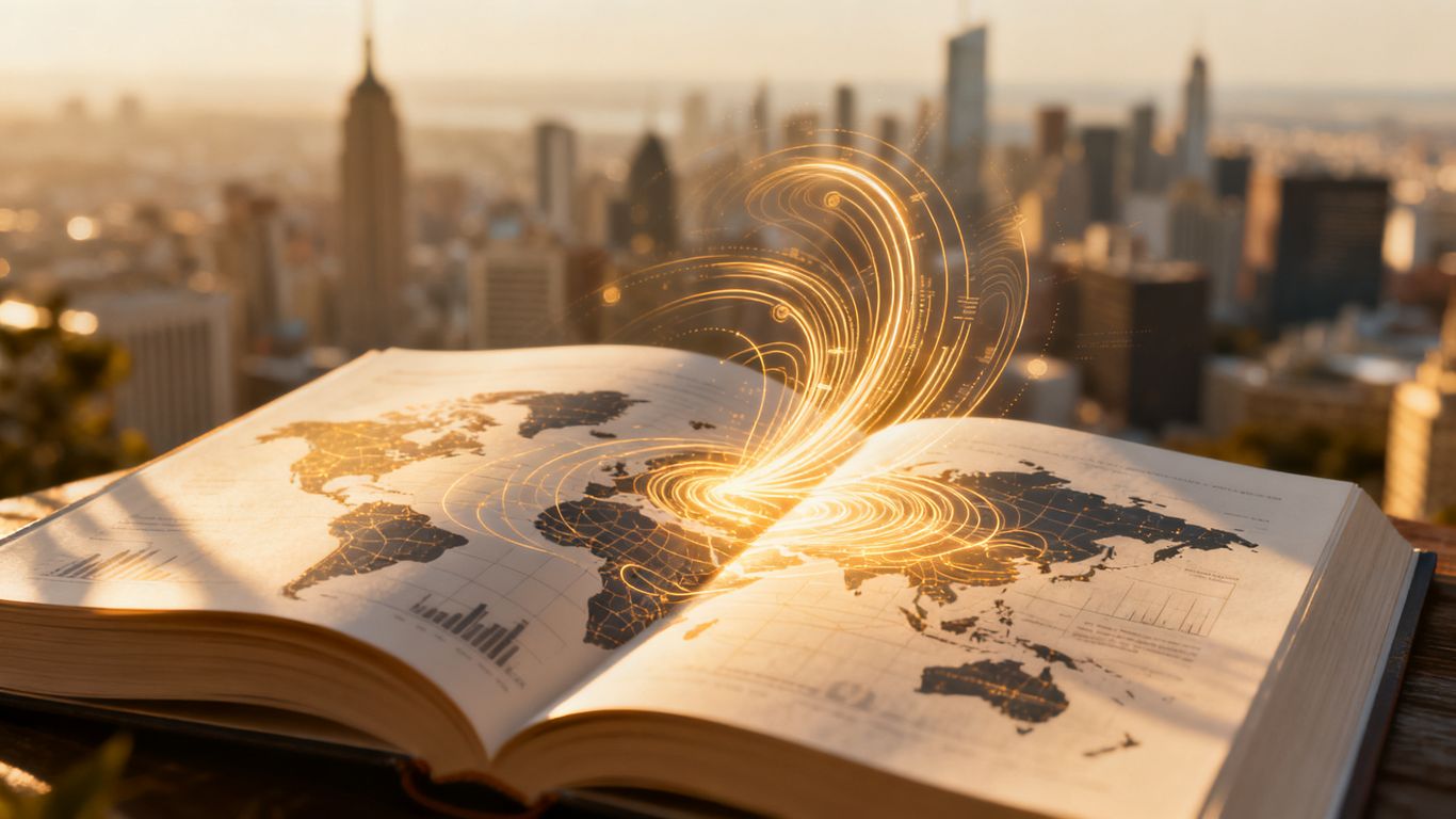 Open book with global economic patterns and cityscapes.