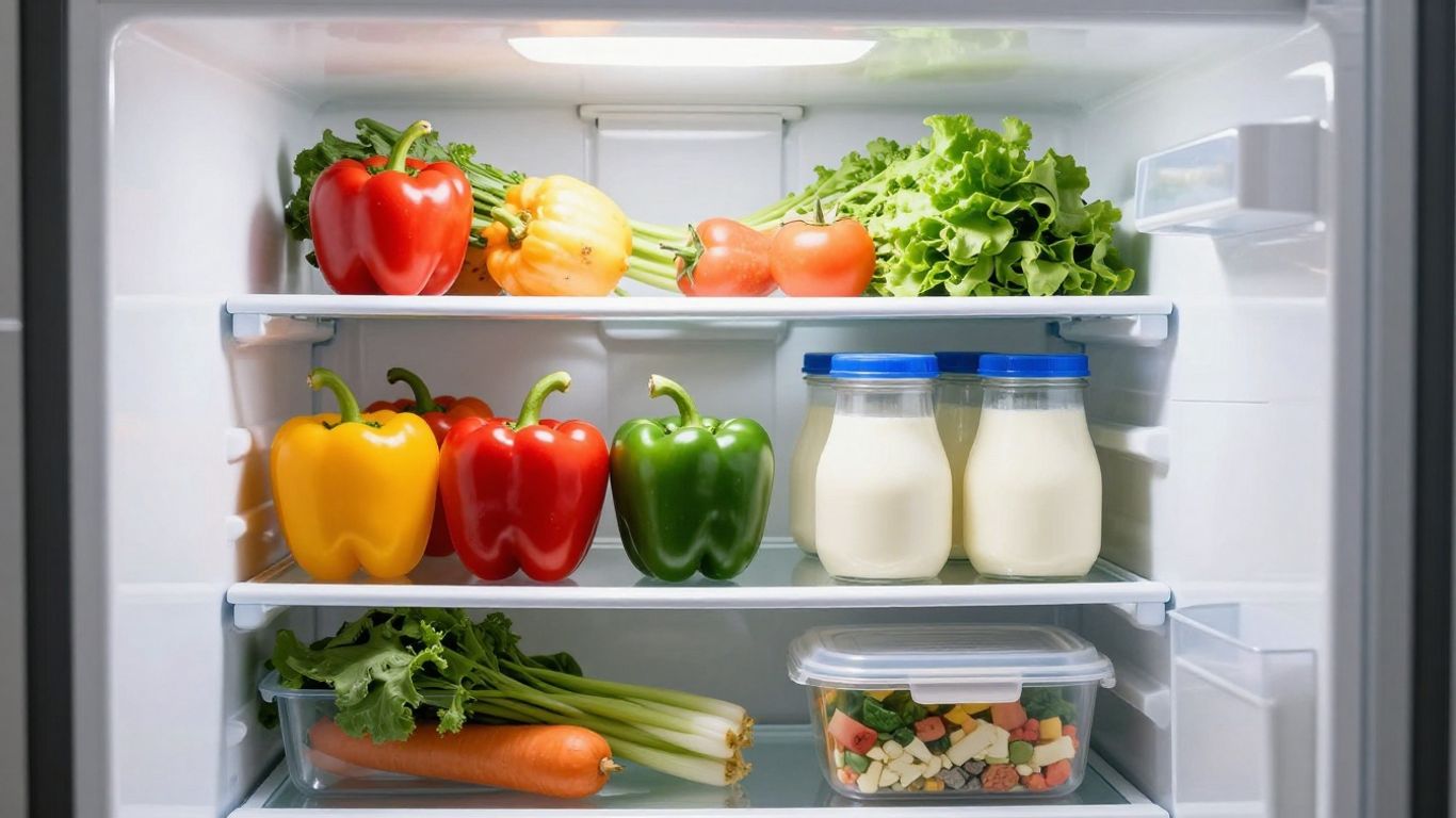 Refrigerador organizado con comida fresca y saludable.