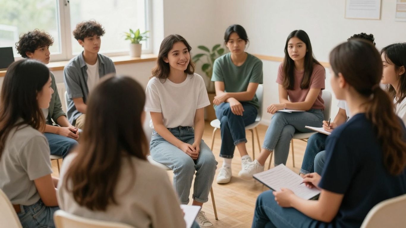 Teens and therapist in a supportive therapy session.