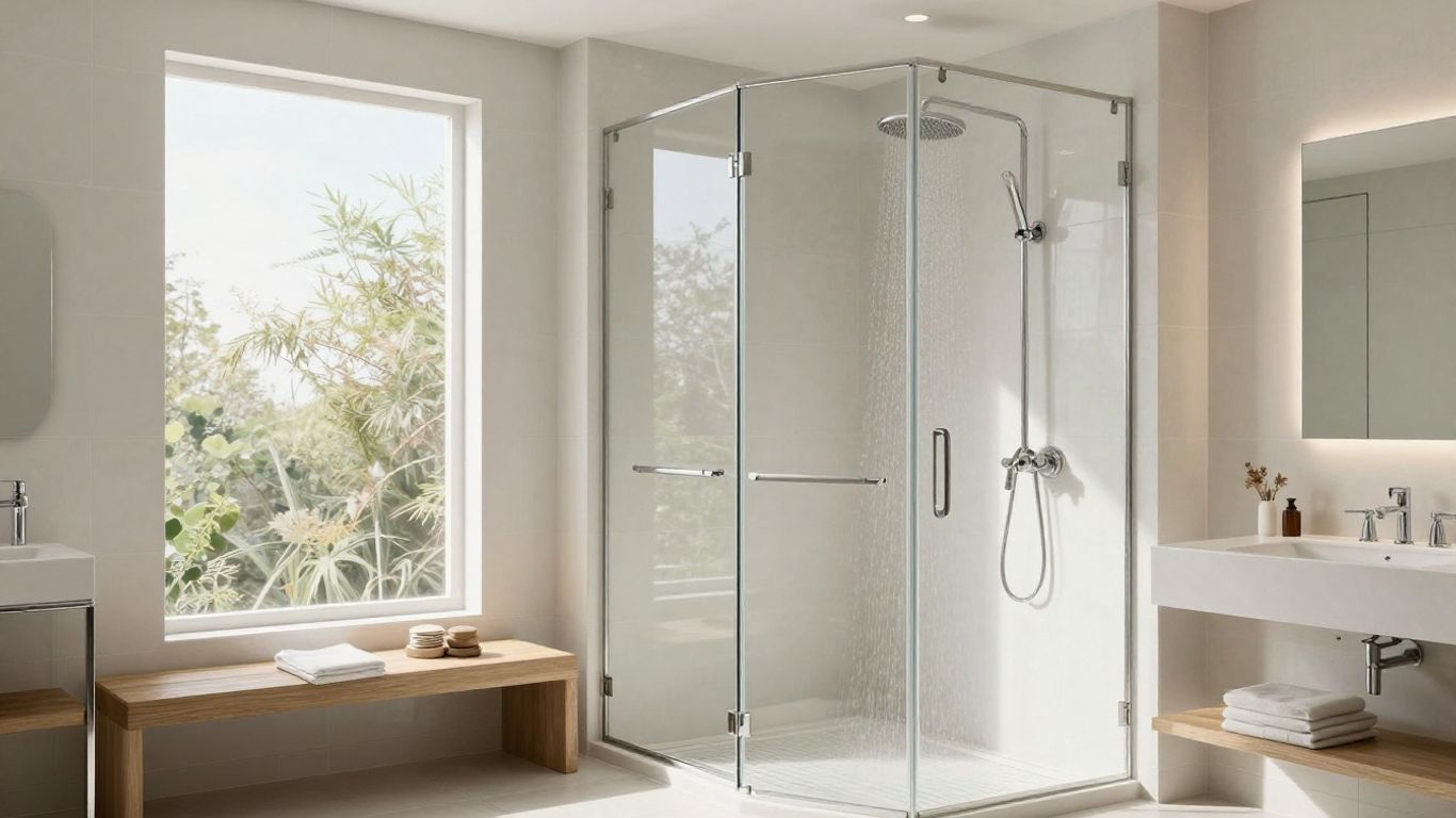 Modern walk-in shower with tile and rainfall showerhead.