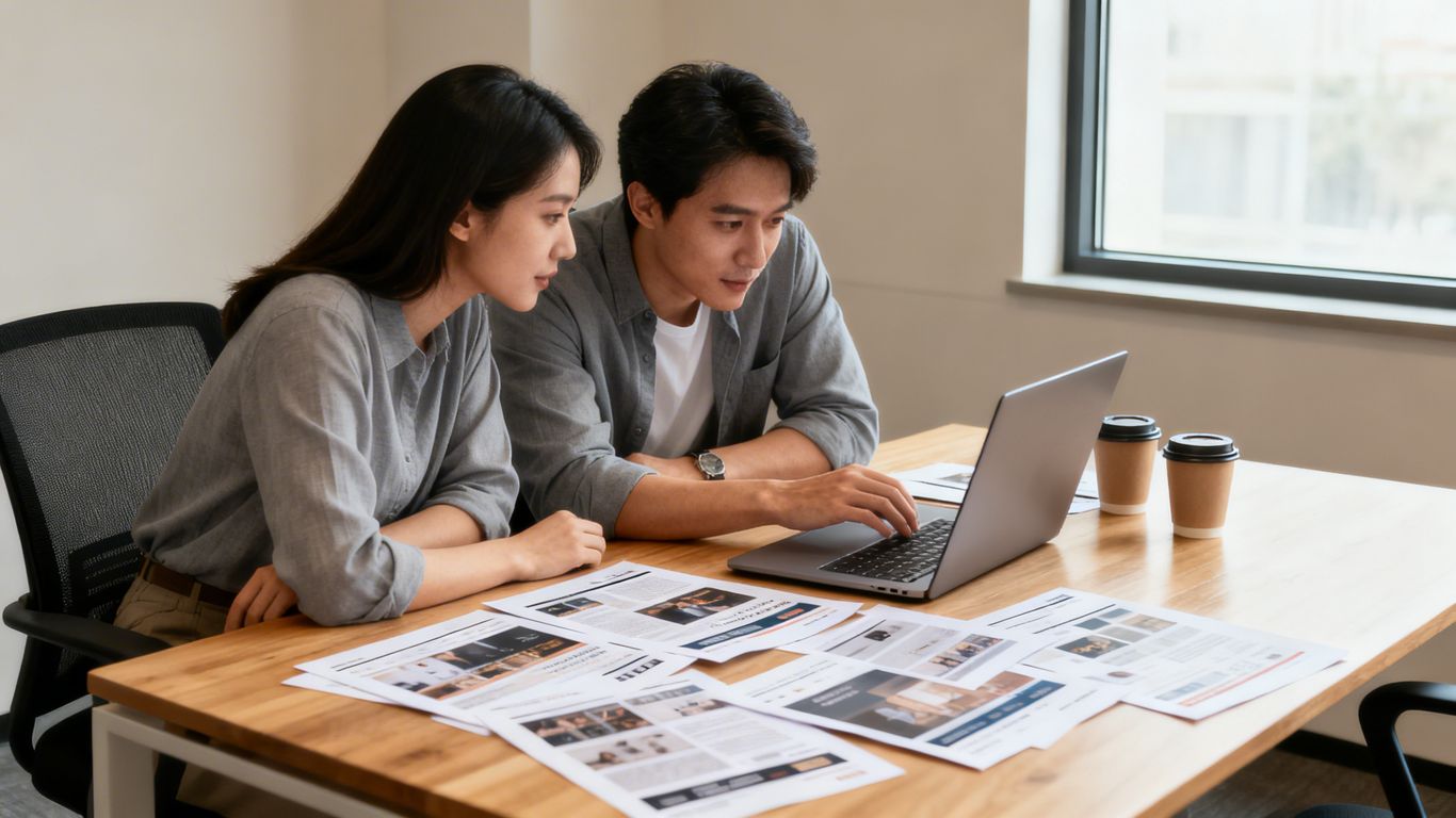 People analyzing competitor websites at a desk workspace.