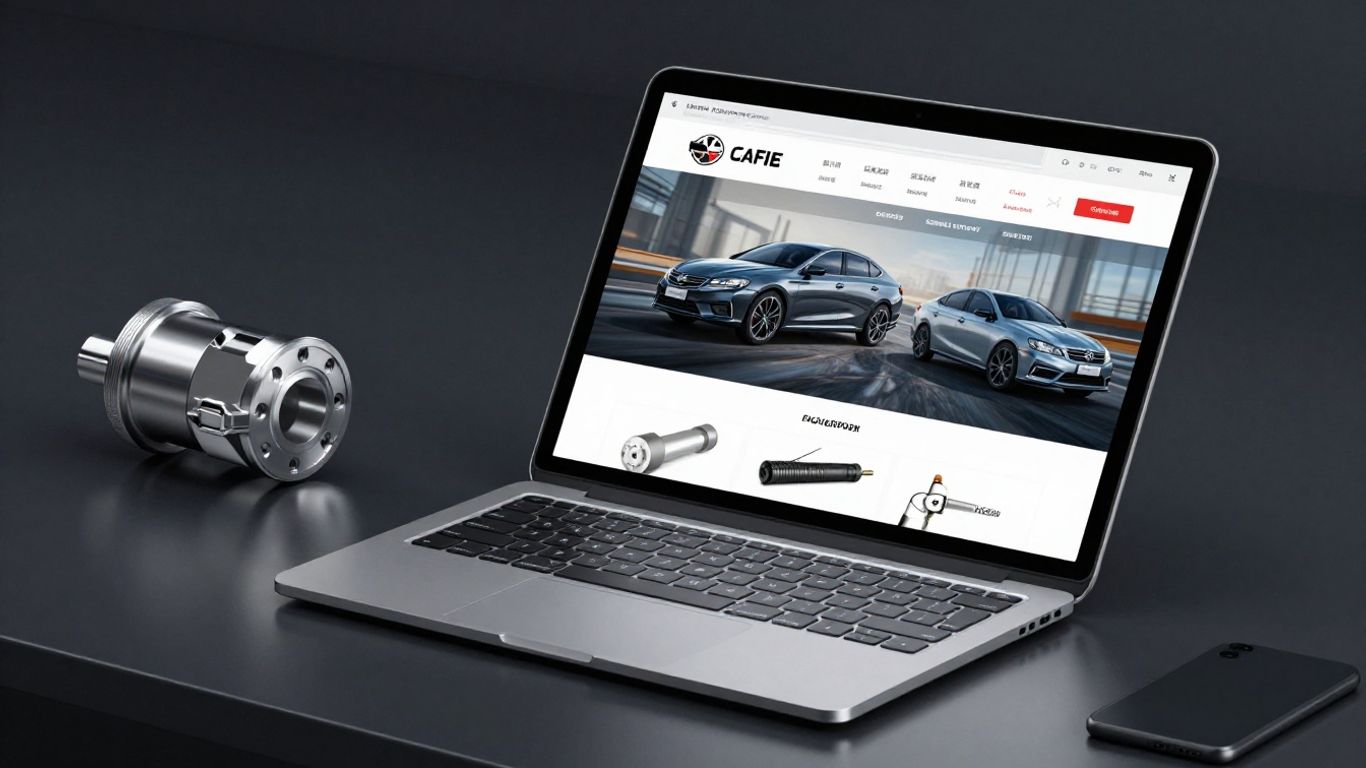 A laptop shows an automotive parts search screen