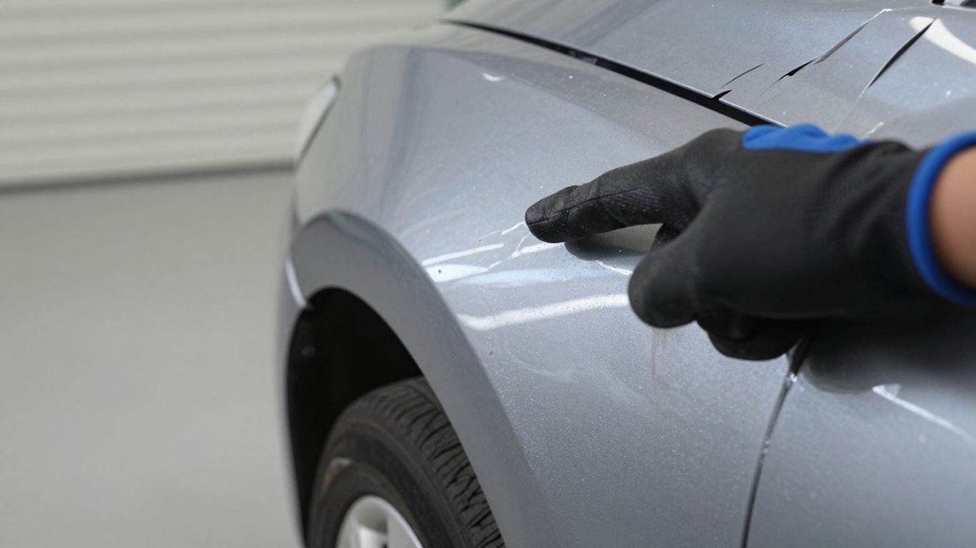 Auto nach Unfall mit Delle, Hand prüft Schaden.