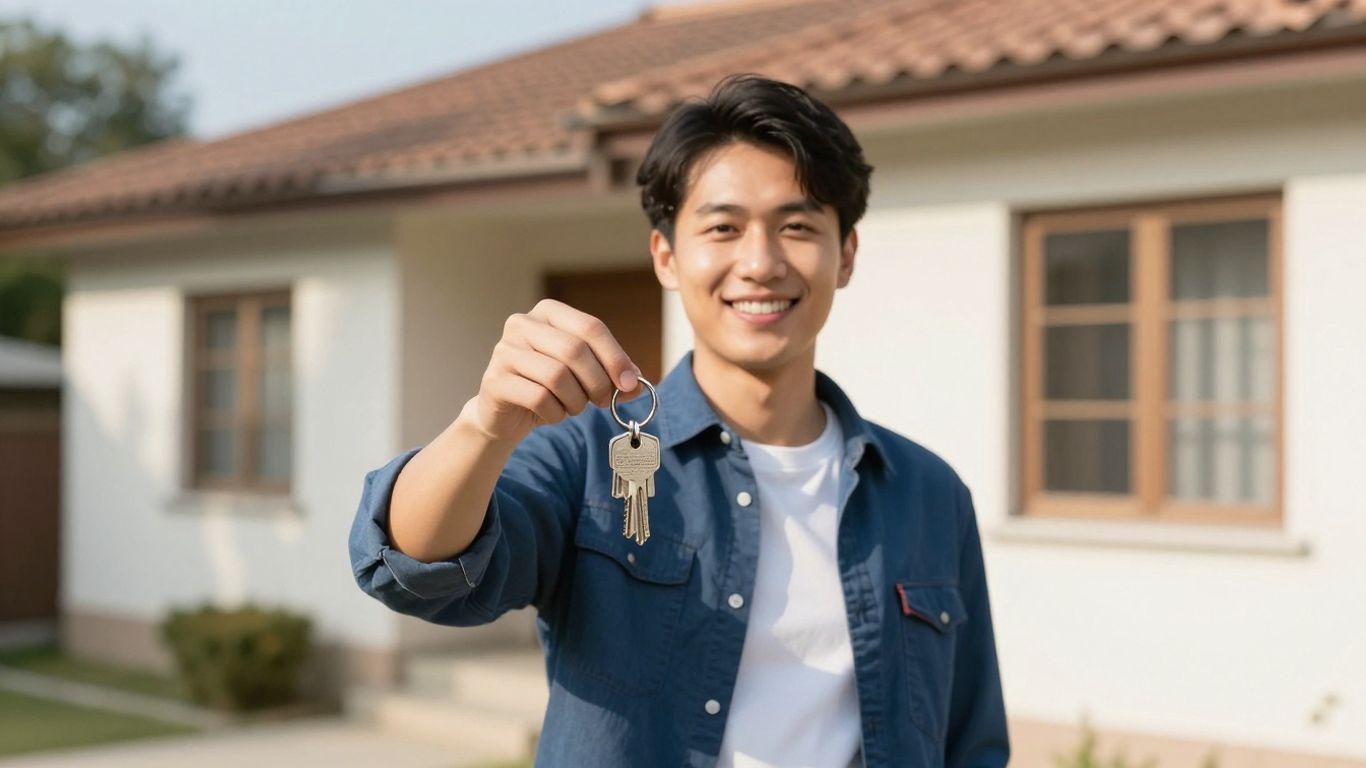 Casero sonriente con llave frente a propiedad de alquiler.