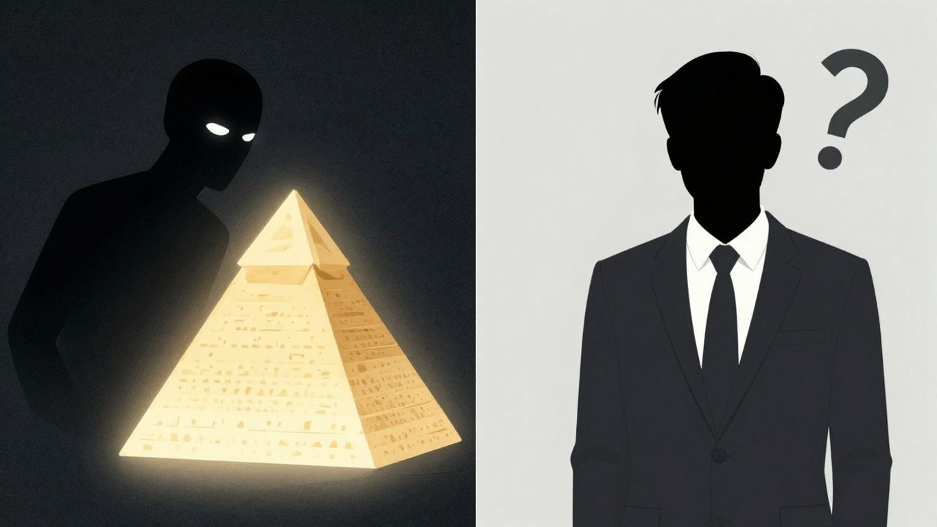 Figura sombría y pirámide brillante, persona preocupada.