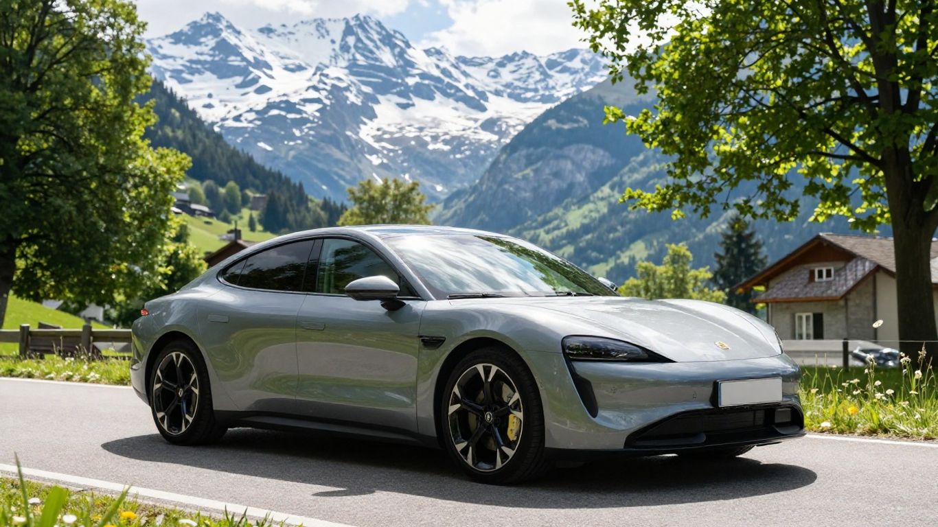Hybridauto auf Schweizer Bergstraße mit Alpenpanorama.