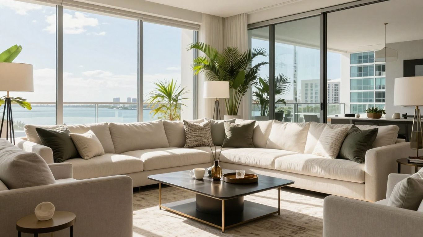 Miami apartment living room with modern furniture and sunlight.