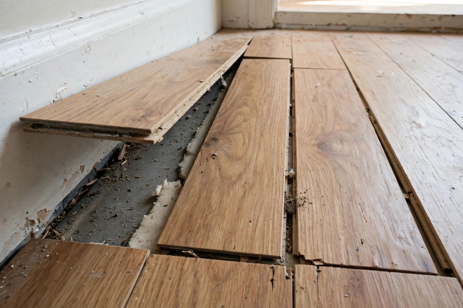A lifted flooring edge and visible gap where the boards have moved after fitting