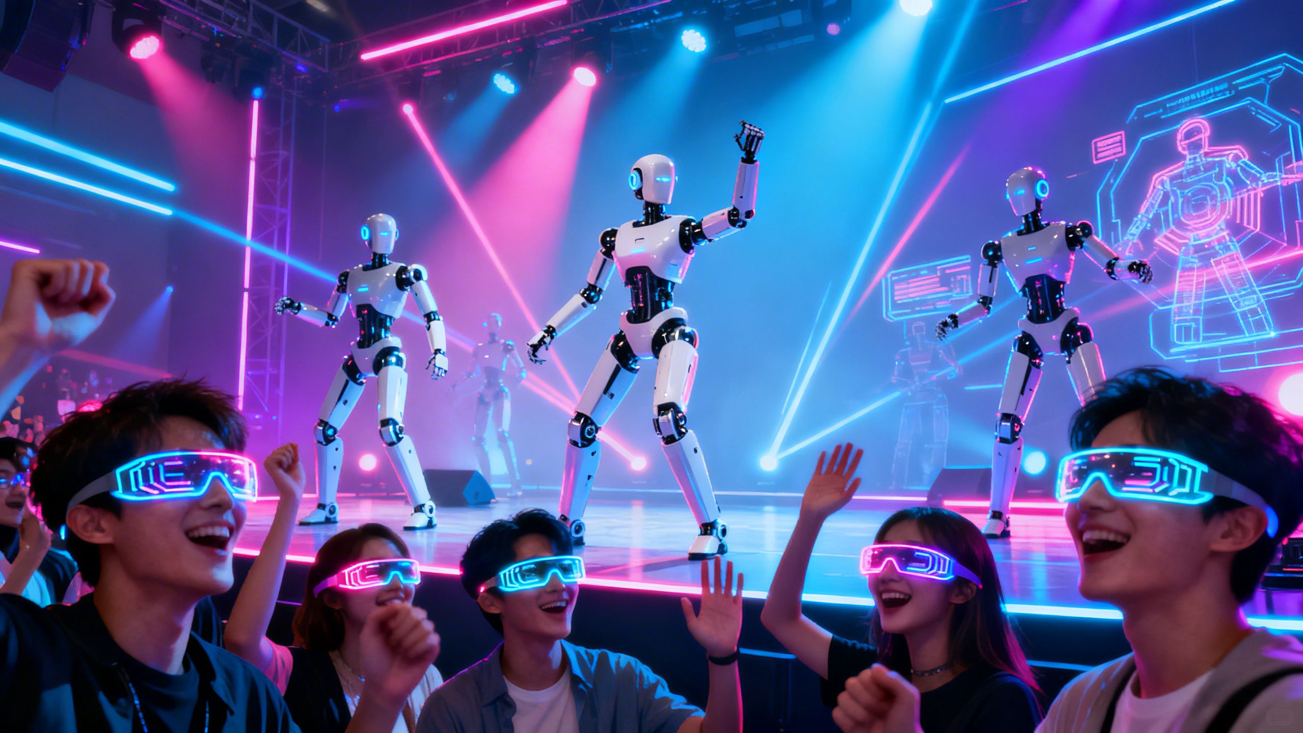 Robots performing on stage, fans wearing AI glasses at a concert.