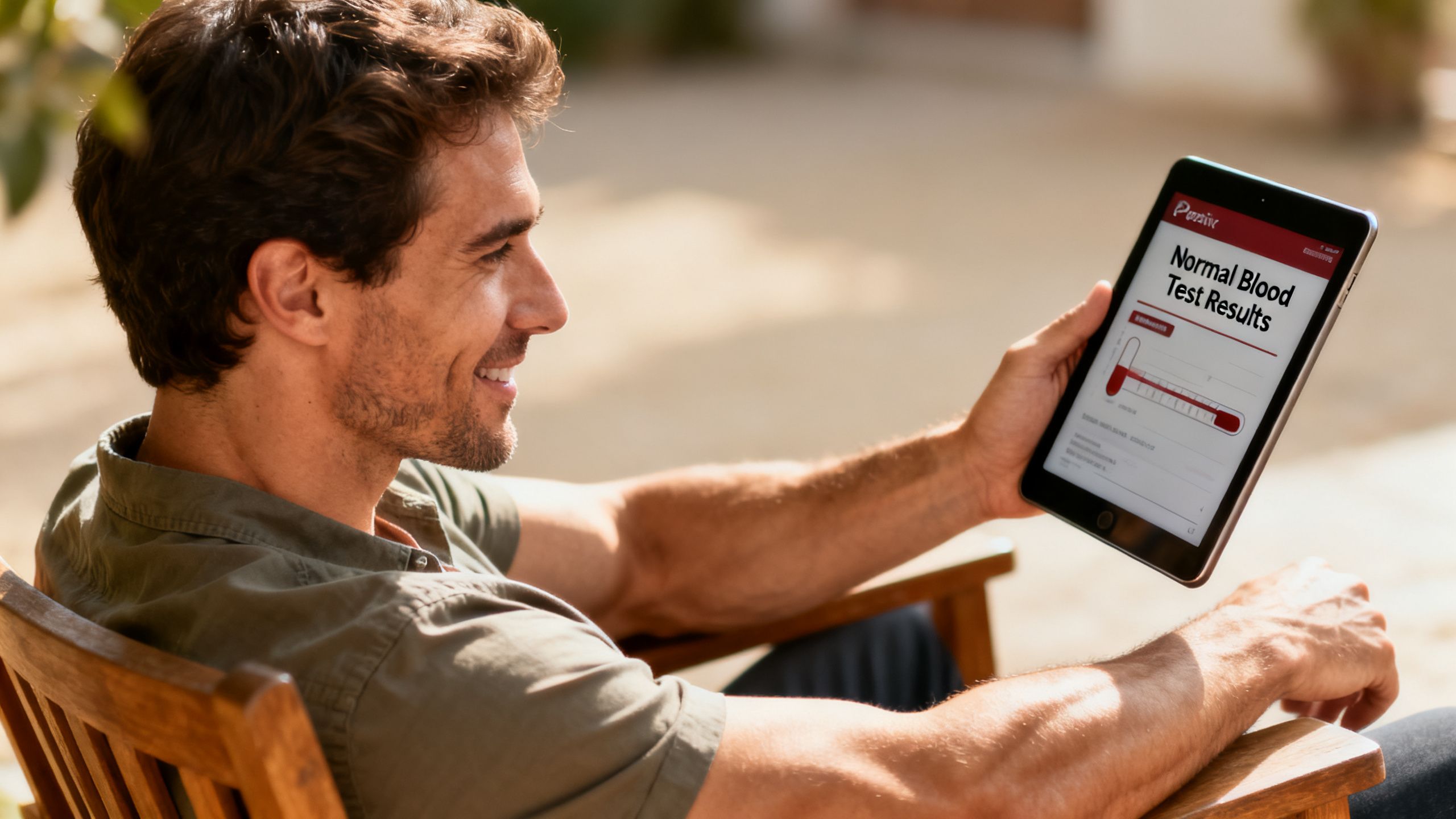 A man looking at his positive blood test results on a tablet, with a healthy physique visible