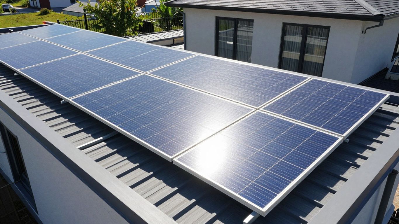 Panneaux solaires sur un toit avec le soleil.