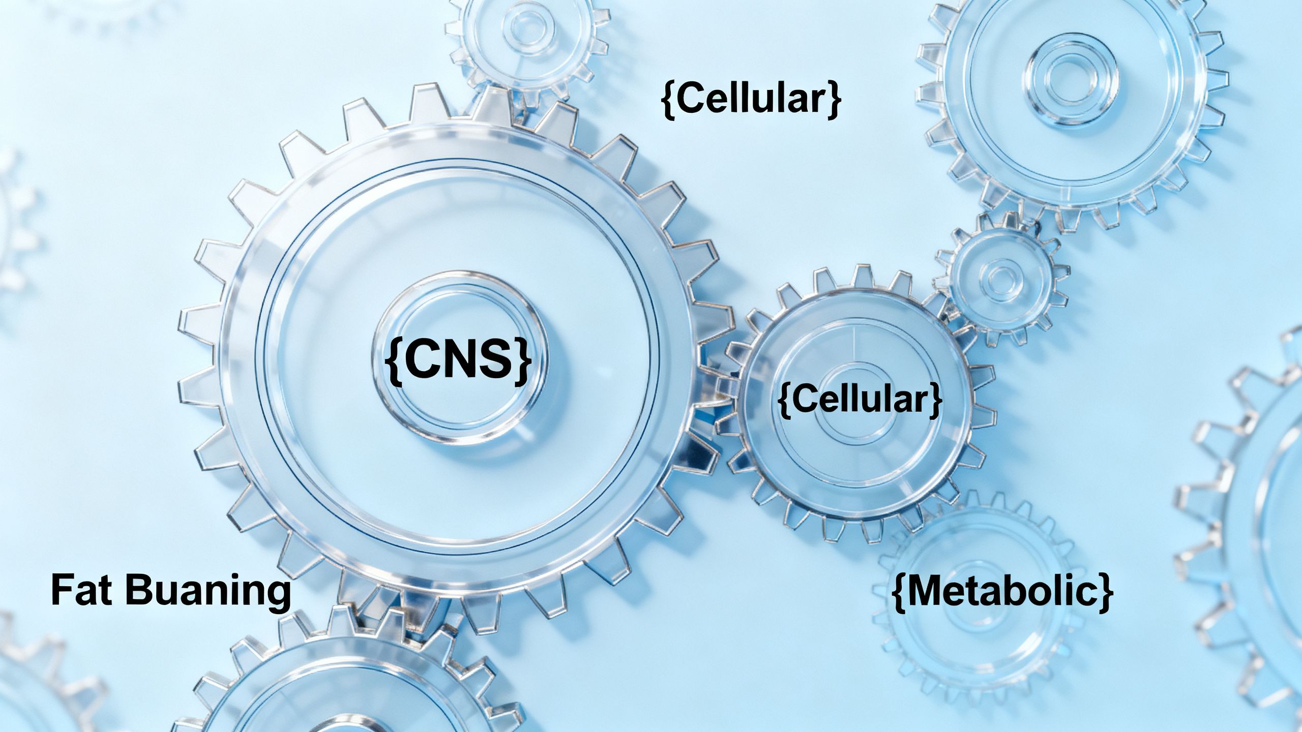 A diagram showing multiple gears turning, labeled 'CNS,' 'Cellular,' and 'Metabolic,' to represent different fat-burning pathways.