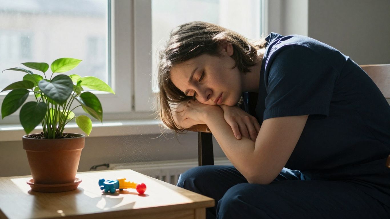 Exhausted caregiver in a sunlit room with a wilting plant.