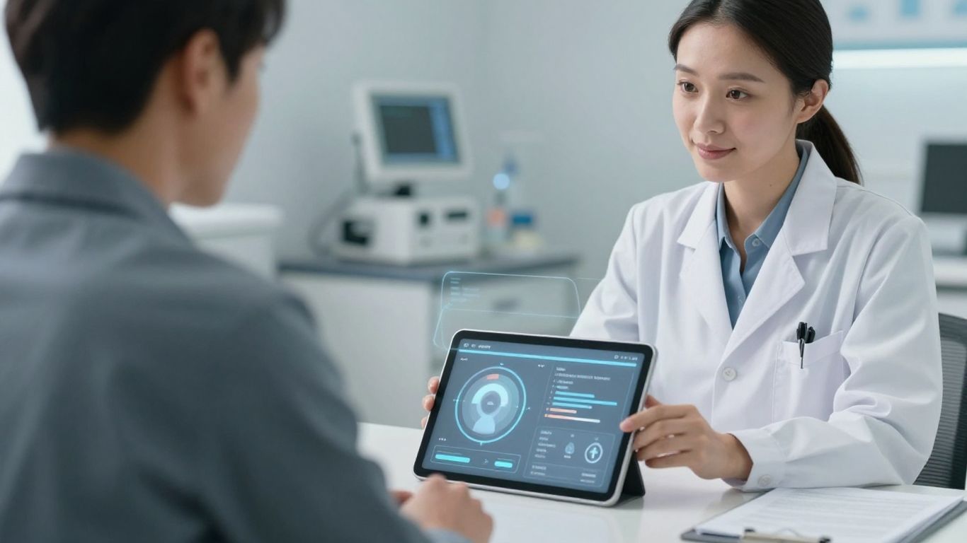 Doctor și pacient comunicând prin intermediul tehnologiei.