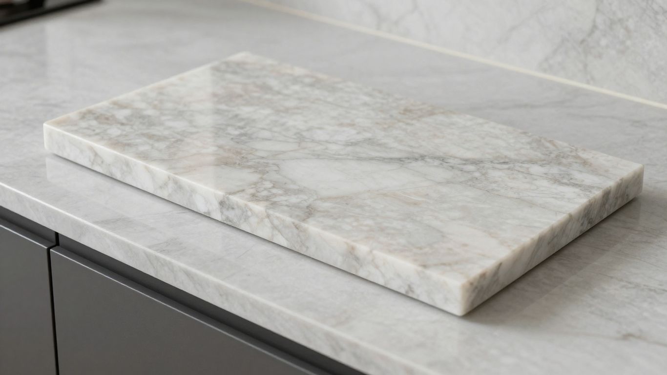 Polished quartz kitchen worktop with subtle veining.